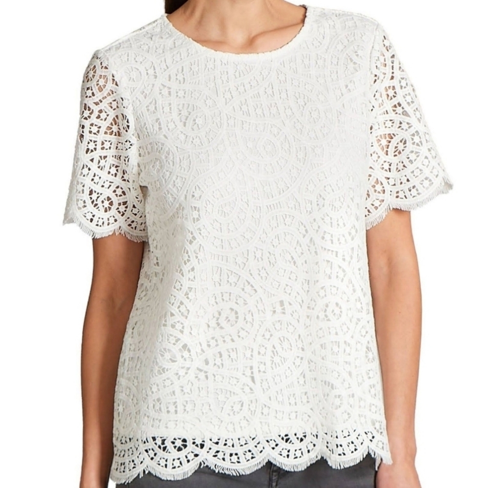 Philosophy Cutwork Office XXL White Short Sleeve Lace Top Blouse Short Sleeve